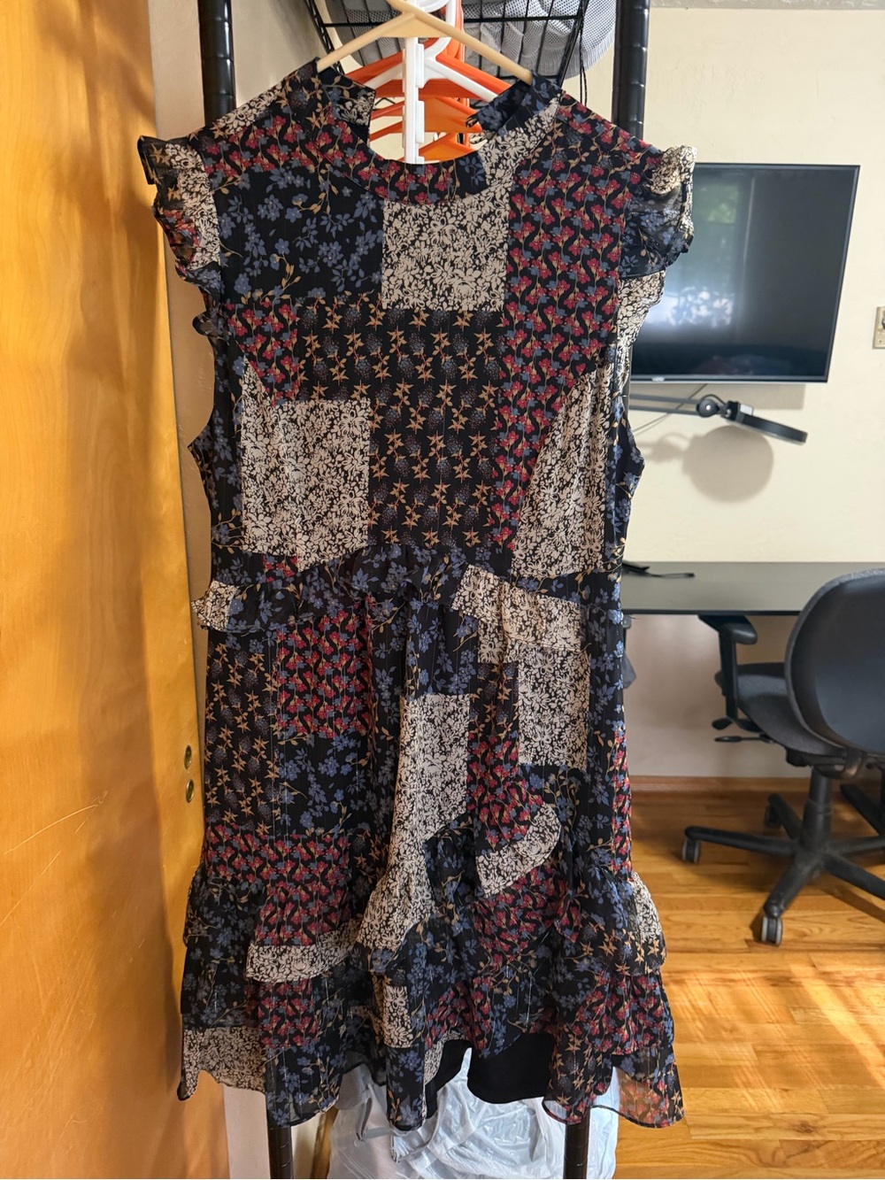 Collective Concepts black and Red Floral Patchwork Ruffle Mini Dress